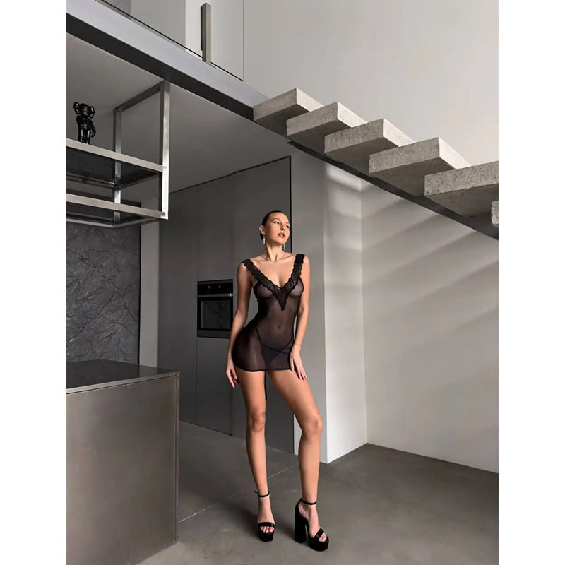 Sexy Lace V-Neck Transparent Temptation Nightgown Erotic Underwear Pure Desire Temptation with Thong